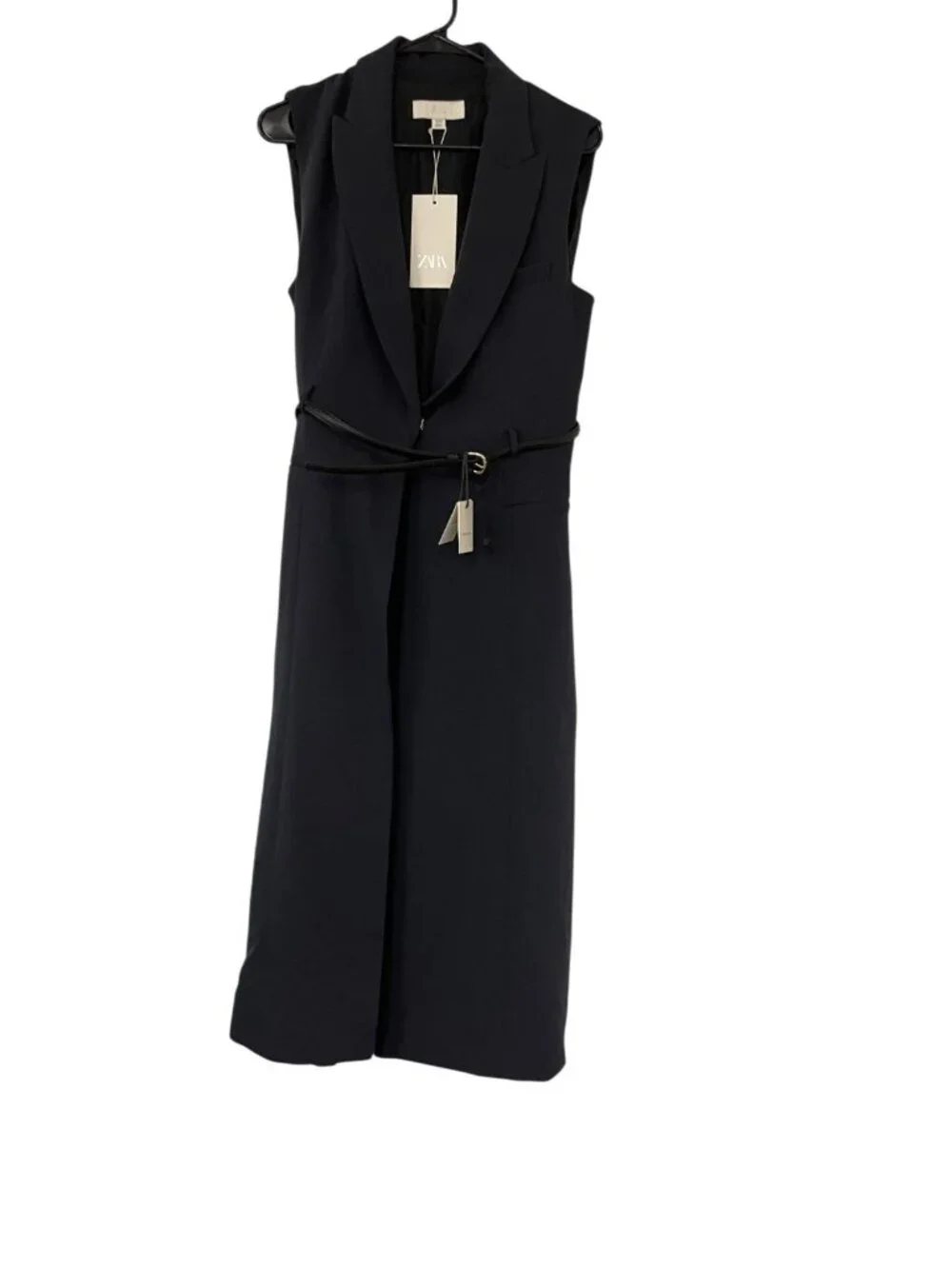 Zara Womens Waistcoat Long Vest Small Navy Blue Belted Blazer 8899/537 NWT